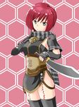  black_legwear breasts gloves grey_eyes highres honeycomb_(pattern) honeycomb_background medium_breasts nel_zelpher pink_background red_hair scarf short_hair sideboob solo star_ocean star_ocean_till_the_end_of_time sword tattoo thighhighs toragon weapon 