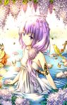  azutan bird bug butterfly dress flower hair_flower hair_ornament hydrangea insect long_hair original purple_eyes purple_hair solo strapless strapless_dress sundress water white_dress 