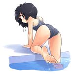  ass barefoot black_eyes black_hair blush competition_school_swimsuit feet from_behind legs looking_back one-piece_swimsuit original oyatsu_(mk2) plantar_flexion poolside school_swimsuit shadow short_hair soles solo swimsuit toes wet white_background 