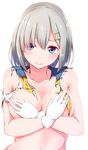  blue_eyes blush breasts covered_nipples embarrassed gloves hair_ornament hairclip hamakaze_(kantai_collection) highres kantai_collection large_breasts looking_at_viewer onapan short_hair silver_hair simple_background sketch solo torn_clothes wardrobe_malfunction wavy_mouth white_background white_gloves 