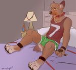  4_toes 5_fingers anthro bed bottle bound boxers_(clothing) brown_fur bulge canine claws clothing collar coyote drooling fur hypnosis lamp male mammal mind_control open_mouth pillow precum saliva shirt solo tank_top toes underwear vinylwolf 