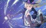  adapted_costume alternate_costume blonde_hair blue_eyes boots bow braid broom broom_riding gloves gomibukurokarasu gradient gradient_background grin hair_bow hair_ornament hat hat_ribbon jacket kirisame_marisa long_hair long_sleeves looking_to_the_side master_spark mini-hakkero outstretched_arm ribbon shirt side_braid single_braid skirt smile solo touhou turtleneck witch_hat 