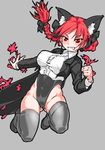  animal_ears braid breasts cat_ears center_frills fire grin high_heels jumping kaenbyou_rin large_breasts leotard mersoleil03 red_eyes red_hair slit_pupils smile solo tailcoat thighhighs touhou tuxedo_jacket twin_braids 