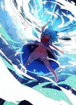  arm_up backlighting barefoot bloomers blue_dress blue_eyes blue_hair cirno dress dutch_angle full_body gradient gradient_background grin hair_ribbon ice ice_wings midriff navel outstretched_arm puffy_sleeves ribbon short_hair short_sleeves smile solo touhou underwear upskirt wings yuuki_(yuyuki000) 