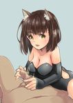  1girl animal_ears bad_id bad_pixiv_id bare_shoulders breasts brown_hair censored cleavage collarbone cum cum_string elbow_gloves erection gloves hinoshita_akame large_breasts looking_at_viewer mosaic_censoring penis pov short_hair tongue yellow_eyes 