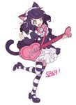  :d animal_ears bell black_hair blush_stickers bow bowtie cat_ears cat_tail copyright_name cyan_(show_by_rock!!) dress fang flat_color frills green_eyes guitar hairband instrument lolita_hairband music open_mouth playing_instrument plectrum ringlets show_by_rock!! sketch smile solo standing standing_on_one_leg strawberry_heart striped striped_legwear tail thighhighs white_background zn_(zzzzzni) 