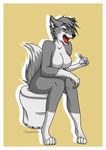  anthro breasts canine crescent0100 eyes_closed fangs featureless_breasts female fur grey_fur grey_hair hair inner_ear_fluff invalid_tag mammal nude open_mouth pregnancy_test simple_background sitting solo teeth toilet tongue wolf 