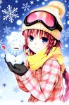  absurdres beanie blue_eyes blush braid coat gloves goggles goggles_on_headwear hair_ornament hat highres kurosaki_mea long_hair mittens official_art red_hair scan scarf smile snow snowman solo to_love-ru to_love-ru_darkness very_long_hair yabuki_kentarou 