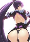  ass back bangs black_gloves gloves haganef highres koubuin_yuuhi lifted_by_self long_hair looking_at_viewer looking_back muvluv outstretched_arm panties ponytail purple_eyes purple_hair solo thong underwear upskirt very_long_hair 