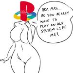  big_breasts blush breasts dialogue english_text featureless_breasts featureless_crotch female huge_breasts humor mature_female personification playstation solo speech_bubble talking_to_viewer text unknown_artist wide_hips 