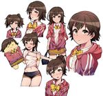  ;d alternate_hair_length alternate_hairstyle aramaki_scaltinof bad_id bad_twitter_id bag bow bowtie brown_hair cropped_legs dress_shirt gym_shirt gym_shorts hand_in_pocket honda_mio hood hooded_jacket hooded_track_jacket hoodie idolmaster idolmaster_cinderella_girls jacket jp06 looking_at_viewer midriff multiple_views navel one_eye_closed open_mouth ponytail school_bag school_uniform shirt short_shorts shorts side_ponytail simple_background skirt smile stretch track_jacket twintails white_background wristband yellow_eyes 