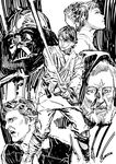  4boys darth_vader energy_sword greyscale han_solo lightsaber luke_skywalker marker_(medium) monochrome multiple_boys obi-wan_kenobi pen_(medium) princess_leia_organa_solo star_wars sword traditional_media weapon yoshinari_you 