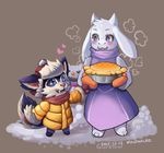  &lt;3 2015 anthro black_sclera blue_eyes blush boss_monster caprine clothed clothing crossover duo food fur gnar_(lol) hat league_of_legends mammal pie simple_background snow toriel undertale ushanka video_games wolfmalro 