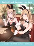  2girls alcohol alternate_costume animal_ears bangs bare_shoulders bismarck_(kantai_collection) black_bow black_gloves black_legwear black_leotard black_neckwear black_ribbon blonde_hair blue_eyes bow bowtie bunny_ears bunny_tail bunnysuit chair closed_mouth crossed_legs cup dated detached_collar drink drinking_glass eyebrows eyebrows_visible_through_hair fake_animal_ears food food_in_mouth fruit german gloves graf_zeppelin_(kantai_collection) hand_on_own_cheek head_tilt highres holding holding_cup holding_spoon indoors kantai_collection kyuuso_inukami leotard long_hair multiple_girls palm_tree pantyhose parfait plant potted_plant ribbon sheet_music side-tie_leotard sitting smile spoon strawberry tail text_focus tree whiskey window wooden_table wrist_cuffs 