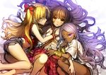  alternate_hair_color bad_id bad_pixiv_id bindi blonde_hair blue_eyes brown_hair dark_skin fate/extra fate_(series) girl_sandwich hair_ribbon kishinami_hakuno_(female) long_hair midriff multiple_girls navel one_eye_closed purple_eyes rani_viii ribbon routo sandwiched spoilers toosaka_rin yuri 