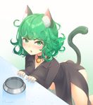  all_fours animal_ears bell bell_choker black_dress blush bowl breast_press breasts cat_ears cat_tail choker curly_hair dress fang green_eyes green_hair kemonomimi_mode looking_at_viewer one-punch_man open_mouth pet_bowl runamochi short_hair sleeves_past_wrists solo tail tatsumaki 