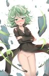  black_dress blush crossed_arms curly_hair dress green_eyes green_hair highres looking_at_viewer no_panties one-punch_man open_mouth pussy rock seedkeng short_hair solo tatsumaki wind wind_lift 