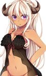  babydoll bangs bloodcatblack bottomless bow breasts chestnut_mouth cleavage dark_skin eyebrows eyebrows_visible_through_hair eyes_visible_through_hair frills groin hair_between_eyes highres horns large_breasts lingerie long_hair looking_at_viewer navel original out-of-frame_censoring purple_eyes red_bow red_ribbon revision ribbon see-through simple_background sleeveless solo stomach two_side_up underwear underwear_only upper_body white_background white_hair 