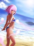  arched_back arms_behind_back back beach bikini blue_bikini blue_sky blurry blush cloud day depth_of_field expressionless floral_print frilled_bikini frills from_side hands_together highres hitodama horizon legs lens_flare looking_afar looking_to_the_side ocean outdoors perspective pink_eyes pink_hair rock saigyouji_yuyuko sand sarena short_hair sky solo string_bikini sunlight swimsuit thighs touhou water waves wind 