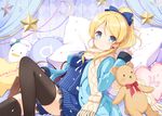  6u_(eternal_land) ayase_eli black_legwear blonde_hair blue_dress blue_eyes bow crescent dress frilled_pillow frills hair_bow heart heart_pillow jacket long_hair long_sleeves looking_at_viewer love_live! love_live!_school_idol_project open_clothes open_jacket pillow ponytail scarf smile solo star striped striped_dress stuffed_animal stuffed_toy teddy_bear thighhighs zettai_ryouiki 