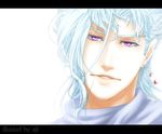  aji_(coastal_area) artist_name backlighting blurry earrings engrish face jewelry jojo_no_kimyou_na_bouken kakyouin_noriaki letterboxed male_focus purple_eyes ranguage scarf silver_hair solo 