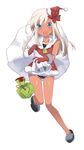  :d bell blonde_hair blue_eyes edel_(edelcat) flower gift gloves hair_flower hair_ornament hat highres kantai_collection long_hair looking_at_viewer mini_hat one-piece_swimsuit open_mouth poinsettia red_gloves ro-500_(kantai_collection) sack santa_costume santa_gloves santa_hat school_swimsuit simple_background slippers smile solo swimsuit swimsuit_under_clothes tan tanline white_background 