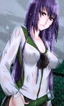  alina_pegova blue_eyes busujima_saeko highschool_of_the_dead long_hair purple_hair rain school_uniform serafuku solo wet wet_clothes 