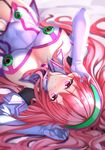  blurry blush breasts covered_navel depth_of_field elbow_gloves garter_straps gloves hacka_doll hacka_doll_2 hair_tucking hairband highres large_breasts long_hair open_mouth pink_eyes pink_hair solo swordsouls very_long_hair white_gloves 