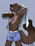  2015 amara_telgemeier anthro boxers_(clothing) brown_fur clothed clothing eyes_closed fur half-dressed male mammal marten mustelid open_mouth solo topless underwear undressing yawn 