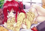  absurdres blush breasts cleavage food hair_ribbon highres huge_filesize indoors large_breasts long_hair lying mizuhara_yuu mouth_hold naruse_mio on_side open_clothes open_shirt panties pocky purple_eyes reclining red_hair ribbon scan shinmai_maou_no_testament shirt solo string_panties two_side_up underwear white_panties 