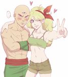  1boy 1girl abs aonekonotorso arm_around_neck bald black_eyes blonde_hair blush breasts cleavage collarbone crop_top crossed_arms dragon_ball dragon_ball_(classic) fang green_eyes grin hair_ribbon hairband heart lunch_(dragon_ball) md5_mismatch medium_breasts muscle navel one_eye_closed ribbon scar shirtless short_shorts shorts smile speech_bubble sweatdrop tenshinhan third_eye v wristband 