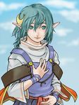  ahoge blue_eyes blue_hair breasts cape crescent crescent_hair_ornament hair_ornament hairclip hand_on_own_chest looking_at_viewer pointy_ears rena_lanford short_hair smile solo star_ocean star_ocean_the_second_story 