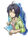  antenna_hair black_eyes black_hair breasts clenched_hand floral_print grin highres hood hood_down hoodie idolmaster idolmaster_(classic) kikuchi_makoto mimiyama_kiichi open_clothes open_hoodie short_hair small_breasts smile solo tomboy 