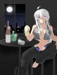  ahoge alcohol barefoot belt blush breasts cleavage commentary_request crying crying_with_eyes_open detached_sleeves full_moon highres large_breasts long_hair moon navel neko_meshi night open_clothes panties ponytail red_eyes ribbon silver_hair solo tears unbuckled_belt underwear unzipped vocaloid voyakiloid yowane_haku 