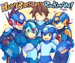  android blue_eyes brown_hair green_eyes happy_birthday helmet iroyopon male_focus multiple_boys multiple_persona rock_volnutt rockman rockman_(character) rockman_(classic) rockman_dash rockman_exe rockman_exe_(character) rockman_x ryuusei_no_rockman smile visor weapon x_(rockman) 