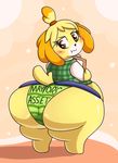  animal_crossing anthro big_butt black_nose blonde_hair blush butt canine clothed clothing dog dress english_text female fur graphene hair hair_ornament huge_butt isabelle_(animal_crossing) looking_back mammal nintendo short_hair simple_background solo text thick_thighs underwear uniform video_games voluptuous wide_hips yellow_fur 