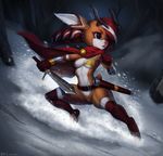  2015 action anthro antlers bell belt braided_hair breasts brown_fur cape cervine clothing crossgender dclzexon dclzexon_(artist) featureless_breasts featureless_crotch female fur hair horn legwear mammal melee_weapon mohawk pinup ponytail pose red_hair reindeer rudolph snow solo sword thigh_highs weapon 