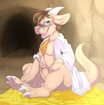 anthro balls blush body_hair bottomless camychan cave chest_hair clothed clothing erection half-dressed hoard horn humanoid_penis kobold lab_coat looking_at_viewer male open_mouth penis precum scalie scar sitting solo uncut 