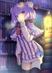  black_legwear blue_ribbon blush book bun_cover commentary_request crescent crescent_hair_ornament double_bun dress frills hair_ornament hair_ribbon highres long_hair open_mouth patchouli_knowledge pokachu purple_eyes purple_hair red_ribbon ribbon scarf solo striped thighhighs touhou vertical-striped_dress vertical_stripes 