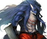  2008 abs beads biceps blue_fur blue_hair canine chest_fur clothed clothing duga fur hair half-dressed jewelry long_hair male mammal manly melee_weapon muscular muscular_male necklace nick300 sash shining_(series) shining_force shining_force_exa simple_background smile solo sourou_cerulean_wolf topless video_games weapon white_fur wolf yellow_eyes 