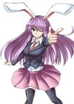  animal_ears black_legwear blazer blouse breasts bunny_ears highres jacket large_breasts long_hair necktie one_eye_closed orinpachu pleated_skirt pointing purple_hair red_eyes reisen_udongein_inaba simple_background skirt smile solo thighhighs touhou white_background zettai_ryouiki 