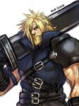  arm_garter armband beard belt black_gloves blonde_hair blue_eyes buster_sword character_name cloud_strife commentary_request facial_hair final_fantasy final_fantasy_vii gloves holding holding_sword holding_weapon huge_weapon looking_at_viewer male_focus manly muscle old older oversized_object scar scar_across_eye shoulder_plates simple_background solo spiked_hair sword upper_body weapon white_background yapo_(croquis_side) 