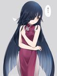  alternate_costume black_hair brown_eyes china_dress chinese_clothes dress hair_over_one_eye hayashimo_(kantai_collection) ica kantai_collection long_hair pantyhose solo translated very_long_hair 