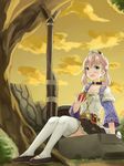  apple atelier_(series) atelier_escha_&amp;_logy bad_id bad_pixiv_id escha_malier food fruit green_eyes hair_ornament highres holding holding_food holding_fruit hrch72 open_mouth outdoors pink_hair sitting skirt solo thighhighs twintails white_legwear zettai_ryouiki 