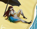  anthro areola beach breasts canine crescent0100 eyes_closed facial_piercing female inner_ear_fluff invalid_tag lip_piercing mammal navel nipples nude outside piercing seaside sitting smile solo umbrella wolf 