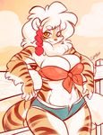  amber_eyes anthro big_breasts black_stripes braided_hair breasts buxbi_(character) chest_tuft cleavage clothed clothing feline female fur hair huge_breasts long_hair looking_at_viewer mammal multicolored_hair orange_fur red_hair slightly_chubby smile solo stripes thick_thighs tiger tuft two_tone_hair white_fur white_hair wide_hips yellow_eyes 
