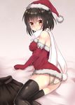  bad_id bad_pixiv_id bangs bare_shoulders breasts brown_eyes brown_hair elbow_gloves gloves kantai_collection panties red_gloves santa_costume sendai_(kantai_collection) short_hair small_breasts smile solo striped striped_panties thighhighs two_side_up underwear yuzuttan 