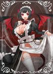  :d apt ass_visible_through_thighs bangs bat_wings black_hair black_jacket blunt_bangs border bow bowtie breast_tattoo breasts buttons cleavage cleavage_cutout collar demon_girl demon_horns demon_wings dress dress_lift frilled_sleeves frills garter_straps groin highres horns jacket juliet_sleeves key keyring large_breasts long_sleeves looking_at_viewer maid maid_headdress navel navel_cutout open_mouth original puffy_sleeves red_background red_bow red_eyes red_neckwear short_hair simple_background smile solo standing stomach striped striped_bow striped_neckwear succubus tattoo thigh_gap thighhighs white_border white_dress white_legwear wings zettai_ryouiki 
