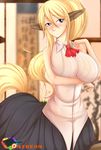  2015 animal_humanoid big_breasts blonde_hair blue_eyes blush breasts centaur centorea_shianus_(monster_musume) clothing equine female hair horse human humanoid kanji mammal monster_musume_no_iru_nichijou ponytail rainbowscreen solo taur 