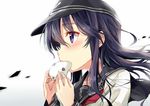  akatsuki_(kantai_collection) beans blush commentary_request daifuku eating flat_cap food hat kakao_rantan kantai_collection long_hair mame_daifuku_(food) neckerchief open_mouth purple_eyes purple_hair red_neckwear school_uniform serafuku solo wagashi 